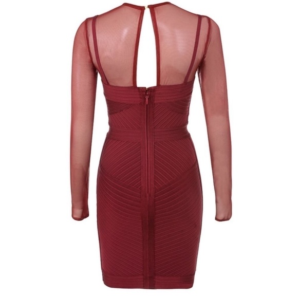HOUSE OF CB Noelle Wine Bandage Mesh Dress - Picture 2 of 8